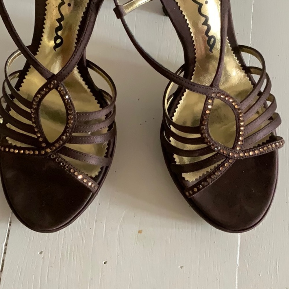 EUC Chocolate Satin Heels w/Bling - Picture 5 of 7